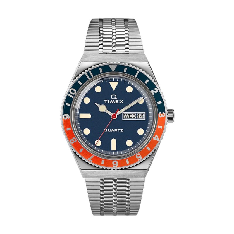 timex archive q diver reissue 38mm silber blau orange 745576